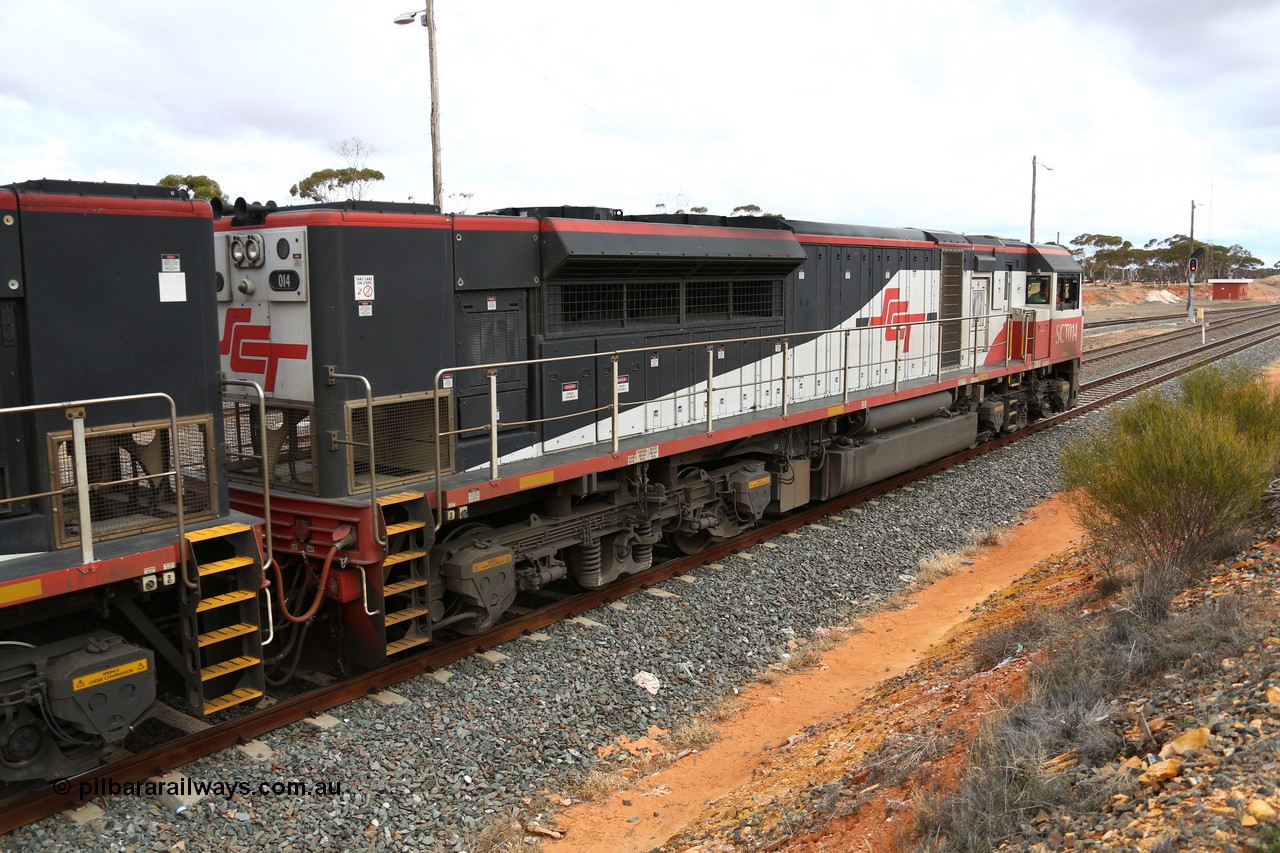 160526 5280
West Kalgoorlie, SCT train 3MP9 operating from Melbourne to Perth, with 76 waggons for 5709.8 tonnes and 1795 metres with EDI Downer built EMD model GT46C-ACe unit SCT 014 serial 08-1738 on the point with sister unit SCT 012 as they hold the mainline in West Kalgoorlie waiting for the Prospector railcar to cross.
Keywords: SCT-class;SCT014;EDI-Downer;EMD;GT46C-ACe;08-1738;