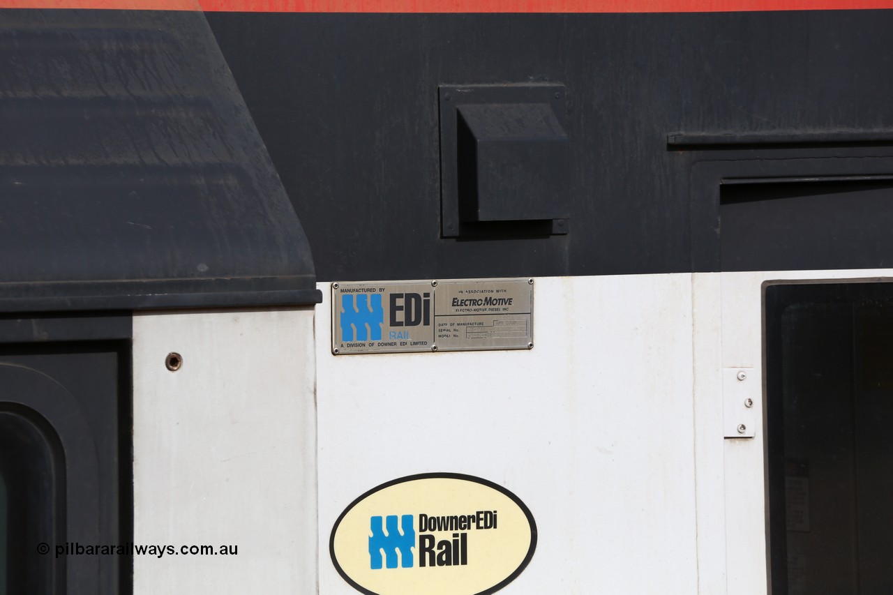 160526 5289
West Kalgoorlie, SCT train 3MP9 operating from Melbourne to Perth, builder's plate on EDI Downer built EMD model GT46C-ACe unit SCT 012 serial 08-1736.
Keywords: SCT-class;SCT012;EDI-Downer;EMD;GT46C-ACe;08-1736;