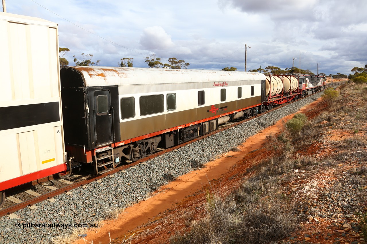 160526 5293
West Kalgoorlie, SCT train 3MP9 operating from Melbourne to Perth, SCT crew accommodation coach PSDS class PSDS 02280 'Peterborough Boys' converted by Gemco WA in 2008 from former Comeng NSW built SDS class sitting car SDS 2280 for the NSWGR.
Keywords: PSDS-type;PSDS02280;Comeng-NSW;SDS-class;