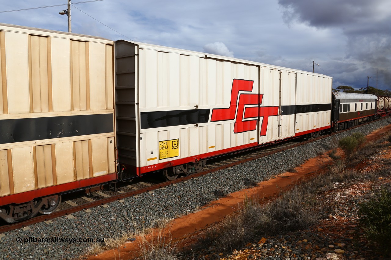 160526 5294
West Kalgoorlie, SCT train 3MP9 operating from Melbourne to Perth, PBHY type covered van PBHY 0086 Greater Freighter, built by CSR Meishan Rolling Stock Co China in 2014 without the Greater Freighter signage.
Keywords: PBHY-type;PBHY0086;CSR-Meishan-China;