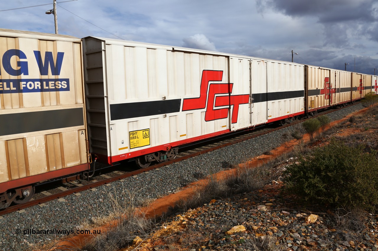 160526 5300
West Kalgoorlie, SCT train 3MP9 operating from Melbourne to Perth, PBHY type covered van PBHY 0068 Greater Freighter, built by CSR Meishan Rolling Stock Co China in 2014 without the Greater Freighter signage.
Keywords: PBHY-type;PBHY0068;CSR-Meishan-China;