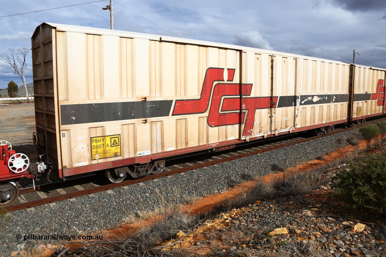 160526 5304
West Kalgoorlie, SCT train 3MP9 operating from Melbourne to Perth, PBHY type covered van PBHY 0007 Greater Freighter, one of thirty five units built by Gemco WA in 2005 without the Greater Freighter signage.
Keywords: PBHY-type;PBHY0007;Gemco-WA;