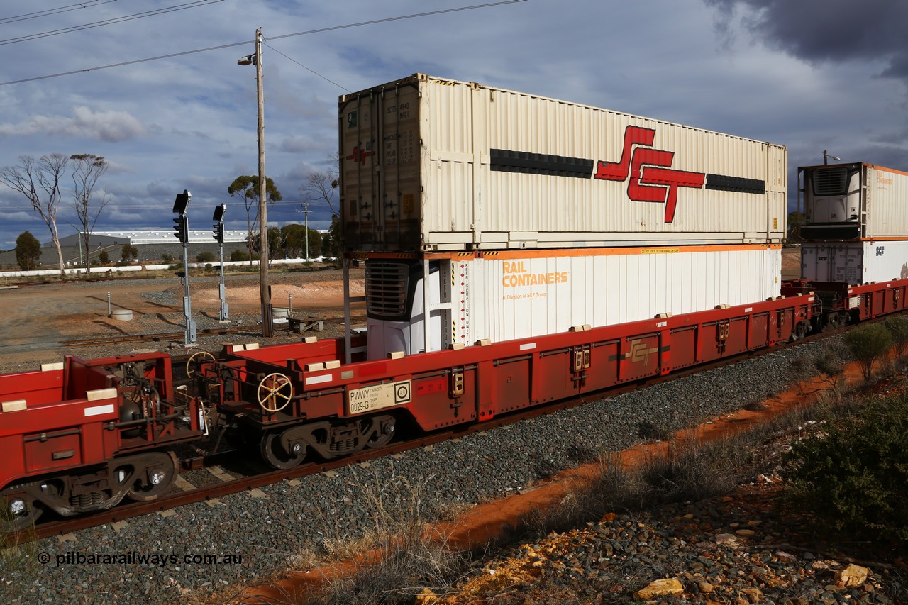 160526 5307
West Kalgoorlie, SCT train 3MP9 operating from Melbourne to Perth, PWWY type PWWY 0029 one of forty well waggons built by Bradken NSW for SCT, loaded with a 48' reefer MFR3 type Rail Containers SCFU 811003 and a 48' MFG1 type SCT container SCTDS 4840.
Keywords: PWWY-type;PWWY0029;Bradken-NSW;