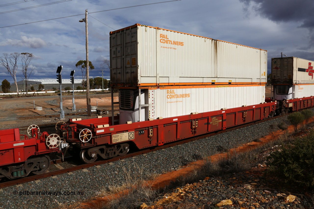 160526 5308
West Kalgoorlie, SCT train 3MP9 operating from Melbourne to Perth, PWWY type PWWY 0038 one of forty well waggons built by Bradken NSW for SCT, loaded with a 48' reefer MFR3 type Rail Containers SCFU 811019 and a 48' MFG1 type Rail Containers SCFU 412609.
Keywords: PWWY-type;PWWY0038;Bradken-NSW;