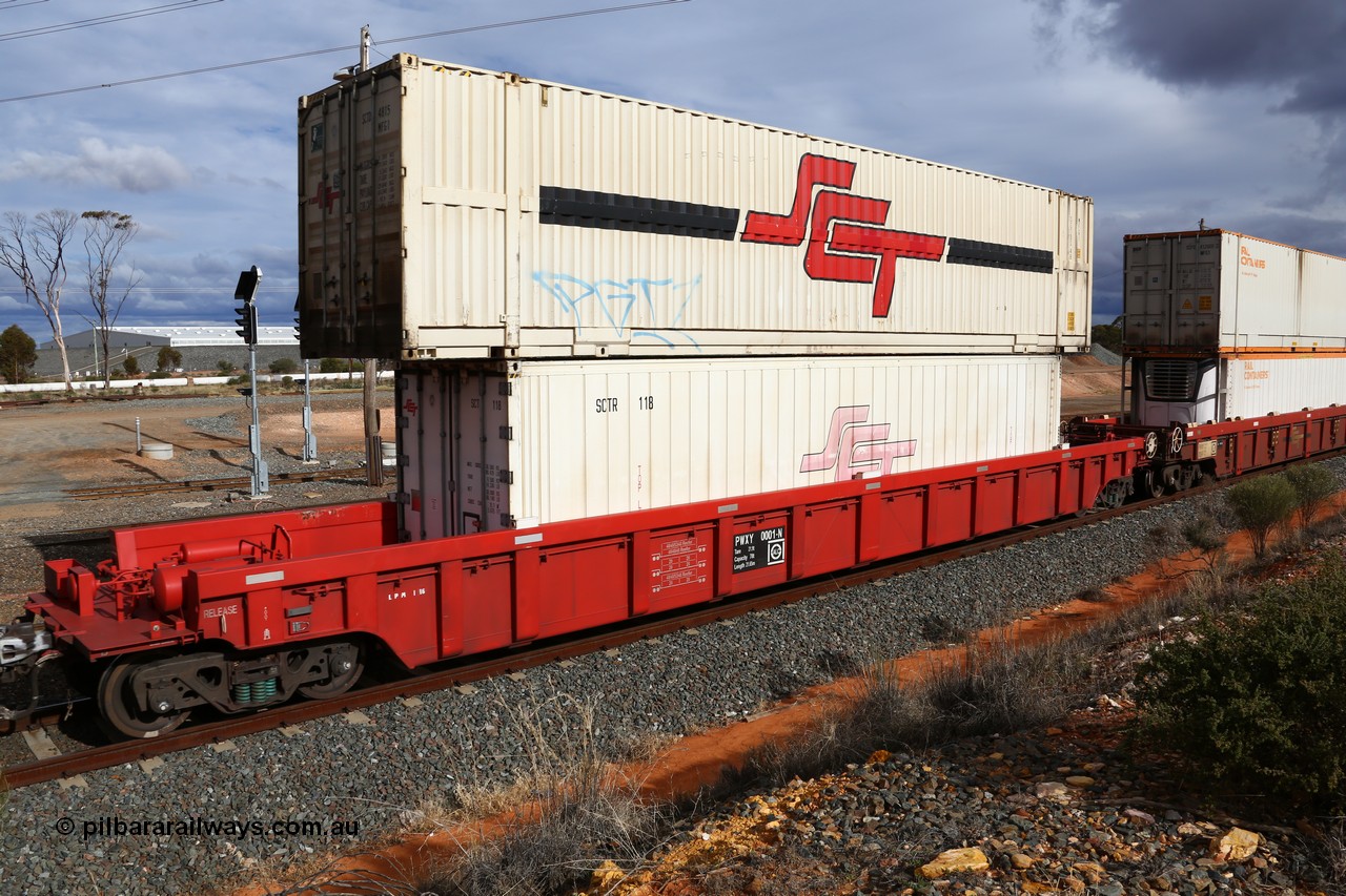 160526 5309
West Kalgoorlie, SCT train 3MP9 operating from Melbourne to Perth, PWXY type PWXY 0001, type leader of twelve well waggons built by CSR Meishan Rolling Stock Co of China for SCT in 2008, loaded with a 40' SCT reefer SCTR 118 and a 48' MFG1 type container SCT unit SCTDS 4815.
Keywords: PWXY-type;PWXY0001;CSR-Meishan-China;