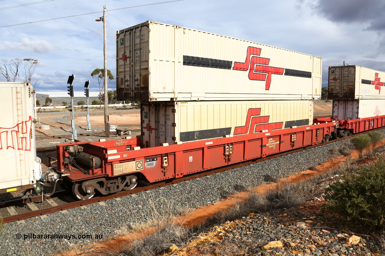 160526 5310
West Kalgoorlie, SCT train 3MP9 operating from Melbourne to Perth, PWWY type PWWY 0008 one of forty well waggons built by Bradken NSW for SCT, loaded with a 40' GPR1 type SCT reefer SCTR 042 and a 48' MFG1 type container SCT unit SCTDS 4812.
Keywords: PWWY-type;PWWY0008;Bradken-NSW;