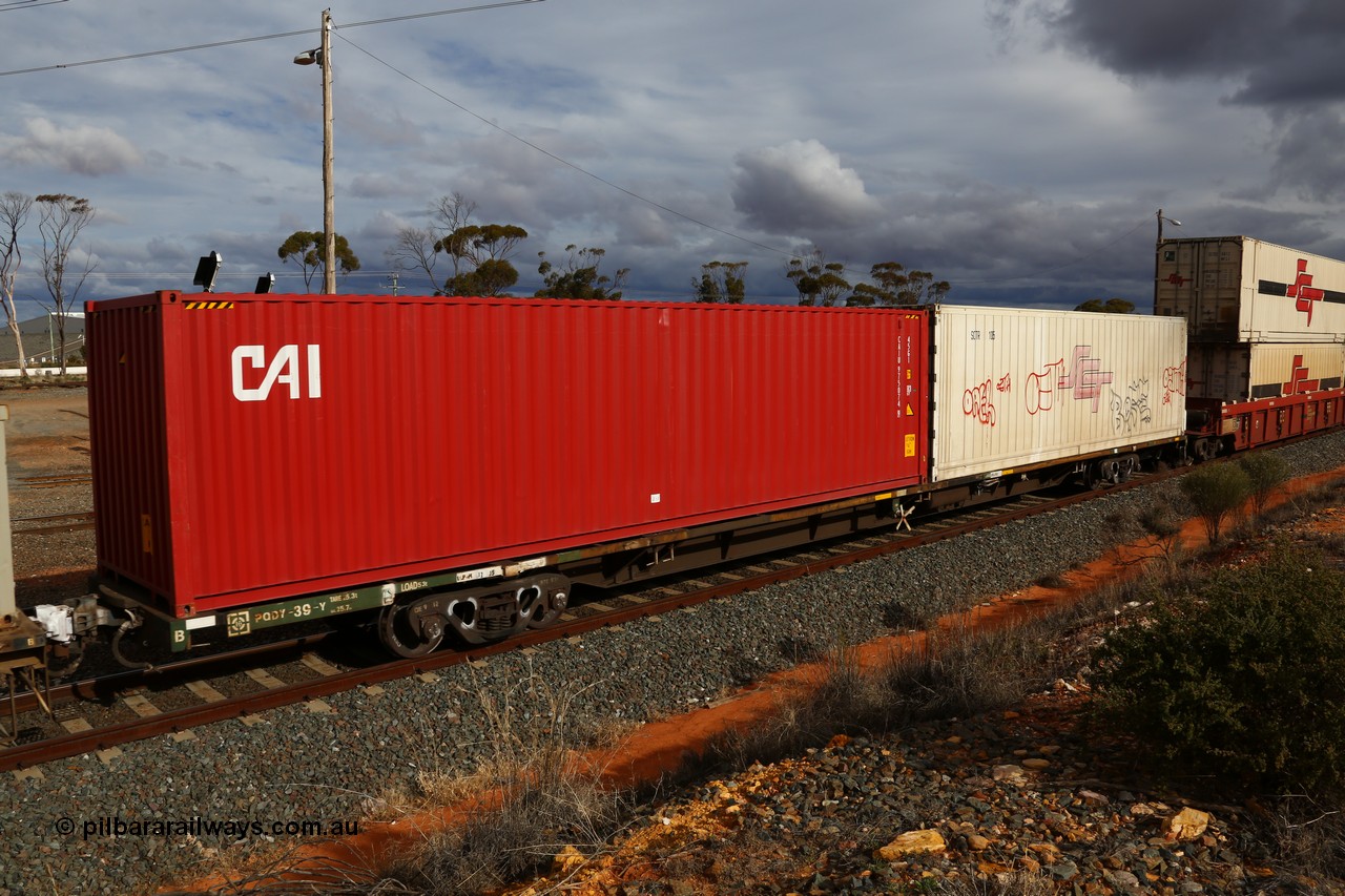 160526 5311
West Kalgoorlie, SCT train 3MP9 operating from Melbourne to Perth, originally built by V/Line's Bendigo Workshops in 1984 as one of fifty VQDW type 'Jumbo' Container Flat waggons built, PQDY 39 still in Freight Australia green livery loaded with a 40' 45G1 type CAI container CAIU 975074 and an SCT 40' reefer SCTR 105.
Keywords: PQDY-type;PQDY54;Victorian-Railways-Bendigo-WS;VQDW-type;