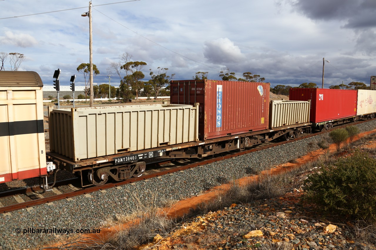 160526 5312
West Kalgoorlie, SCT train 3MP9 operating from Melbourne to Perth, PQMY type 60' 3TEU container flat waggon PQMY 3040 originally built by Carmor Engineering SA in 1975 as an RMX type flat, recoded through AQMX - AQMY - RQMY types before SCT ownership, loaded with two 20' half height open top containers coded WH 23 and another and a 20' 2EG1 type Cronos box CRXU 077869.
Keywords: PQMY-type;PQMY3040;Carmor-Engineering-SA;RMX-type;