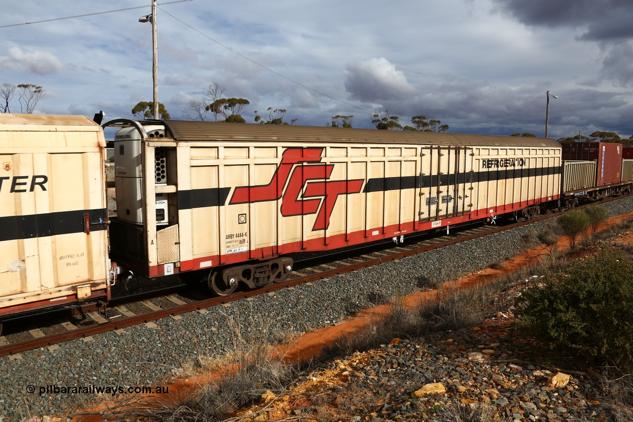 160526 5313
West Kalgoorlie, SCT train 3MP9 operating from Melbourne to Perth, ARBY type ARBY 4444 refrigerated van, originally built by Comeng WA in 1977 as a VFX type covered van for Commonwealth Railways, recoded to ABFX and converted from ABFY by Gemco WA in 2004/05 to ARBY.
Keywords: ABSY-type;ABSY4444;Comeng-WA;VFX-type;ABFX-type;