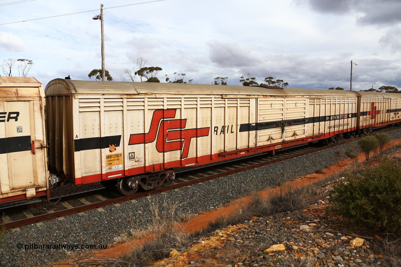 160526 5340
West Kalgoorlie, SCT train 3MP9 operating from Melbourne to Perth, ABSY type ABSY 2792 covered van, originally built by Carmor Engineering SA in 1976 as a VFX type covered van for Commonwealth Railways, recoded to ABFX and converted from ABFY by Gemco WA in 2004/05 to ABSY.
Keywords: ABSY-type;ABSY2792;Carmor-Engineering-SA;VFX-type;ABFX-type;RBFX-type;ABFY-type;