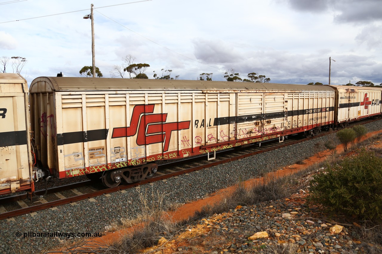 160526 5342
West Kalgoorlie, SCT train 3MP9 operating from Melbourne to Perth, ABSY type van ABSY 4499, one of a batch of fifty made by Comeng WA as VFX type 75' covered vans 1977, recoded to ABFX type, seen here with the silver corrugated roof fitted when Gemco WA upgraded it to ABSY type.
Keywords: ABSY-type;ABSY4499;Comeng-WA;VFX-type;ABFX-type;