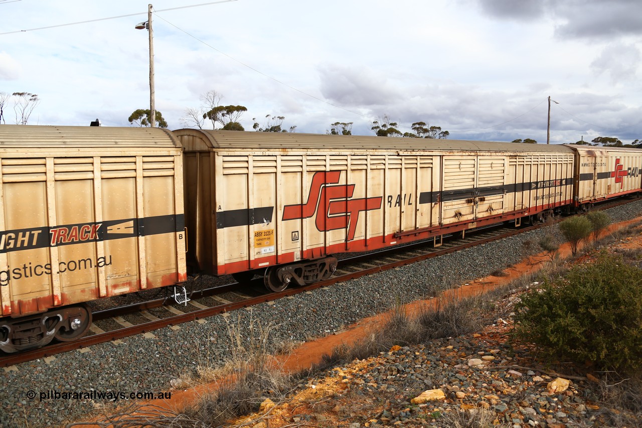 160526 5344
West Kalgoorlie, SCT train 3MP9 operating from Melbourne to Perth, ABSY type ABSY 3121 covered van, originally built by Comeng WA in 1977 for Commonwealth Railways as VFX type, recoded to ABFX and RBFX to SCT as ABFY before conversion by Gemco WA to ABSY in 2004/05.
Keywords: ABSY-type;ABSY3121;Comeng-WA;VFX-type;ABFX-type;
