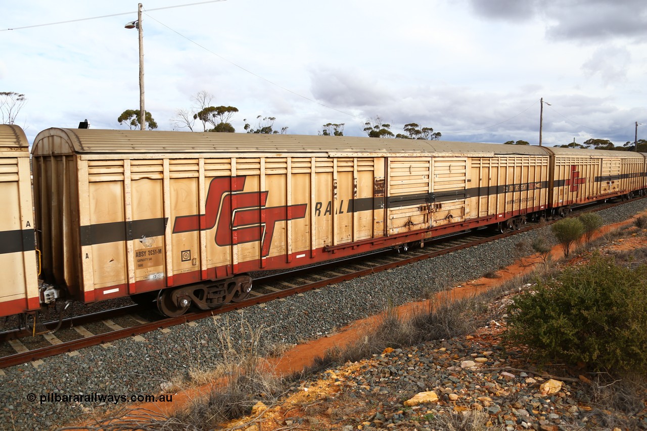 160526 5346
West Kalgoorlie, SCT train 3MP9 operating from Melbourne to Perth, ABSY type ABSY 2651 covered van, originally built by Comeng NSW in 1973 for Commonwealth Railways as VFX type, recoded to ABFX and RBFX to SCT as ABFY before conversion by Gemco WA to ABSY in 2004/05.
Keywords: ABSY-type;ABSY2651;Comeng-NSW;VFX-type;
