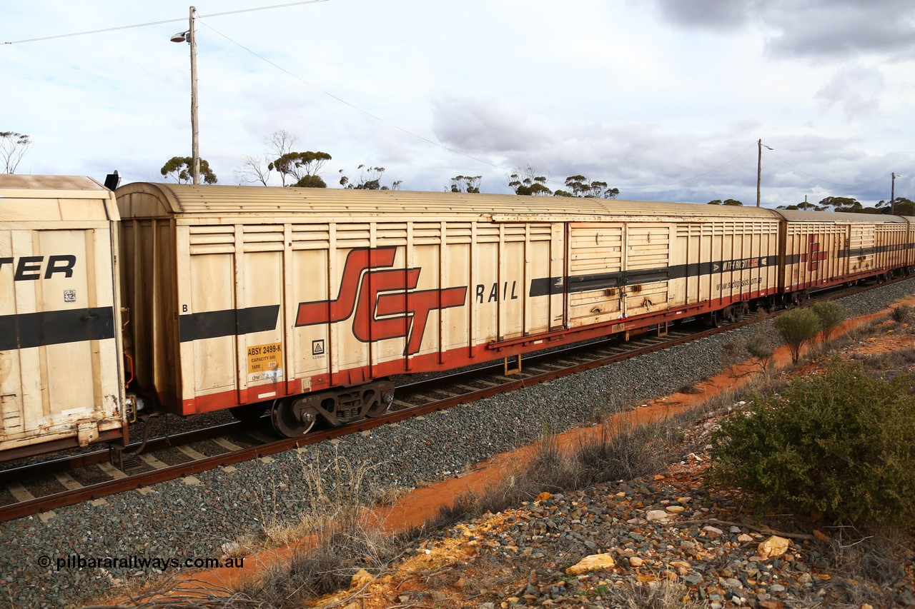 160526 5347
West Kalgoorlie, SCT train 3MP9 operating from Melbourne to Perth, ABSY type ABSY 2499 covered van, originally built by Mechanical Handling Ltd SA in 1972 for Commonwealth Railways as VFX type recoded to ABFX and then RBFX before being converted from ABFY by Gemco WA to ABSY type in 2004/05.
Keywords: ABSY-type;ABSY2499;Mechanical-Handling-Ltd-SA;VFX-type;ABFY-type;