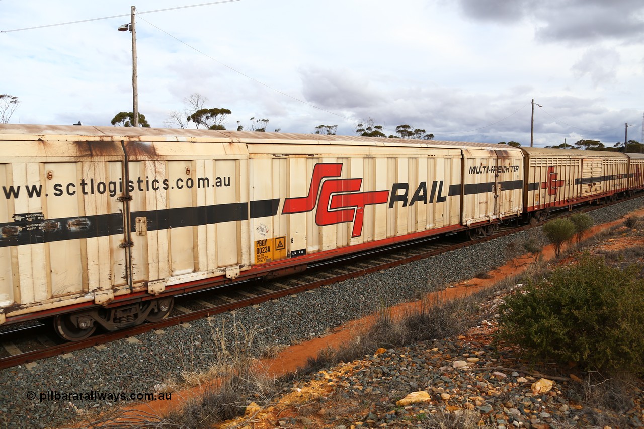 160526 5348
West Kalgoorlie, SCT train 3MP9 operating from Melbourne to Perth, PBGY type covered van PBGY 0023 Multi-Freighter, one of eighty two waggons built by Queensland Rail Redbank Workshops in 2005.
Keywords: PBGY-type;PBGY0023;Qld-Rail-Redbank-WS;