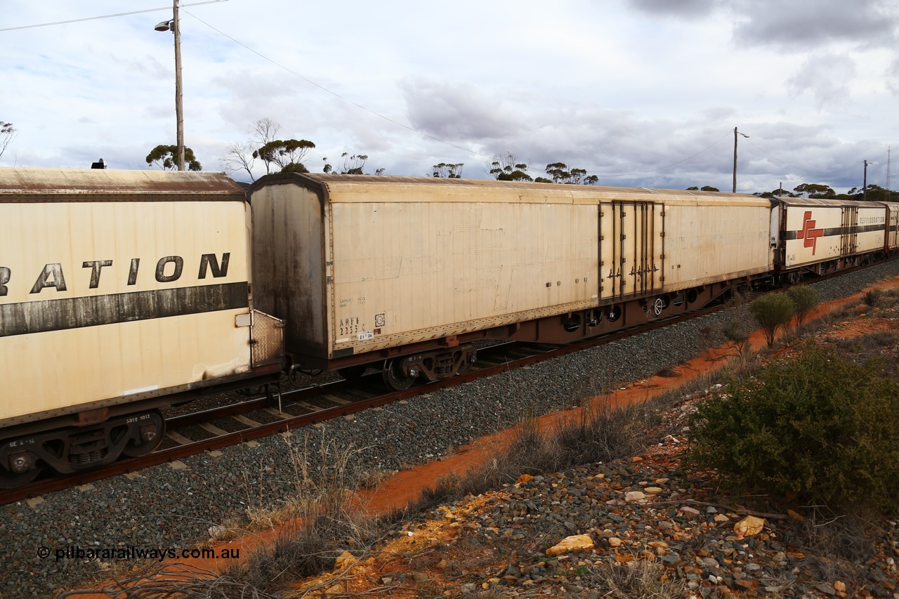 160526 5355
West Kalgoorlie, SCT train 3MP9 operating from Melbourne to Perth, with no lettering visible of this side, ARFY type ARFY 2233 refrigerated van with a Ballarat built Maxi-CUBE fibreglass body that has been fitted to a Comeng Victoria 1971 built RO type flat waggon that was in service with Commonwealth Railways and recoded though ROX - AQOX - AQOY - RQOY codes before conversion.
Keywords: ARFY-type;ARFY2233;Maxi-Cube;Comeng-Vic;RO-type;AQOX-type;
