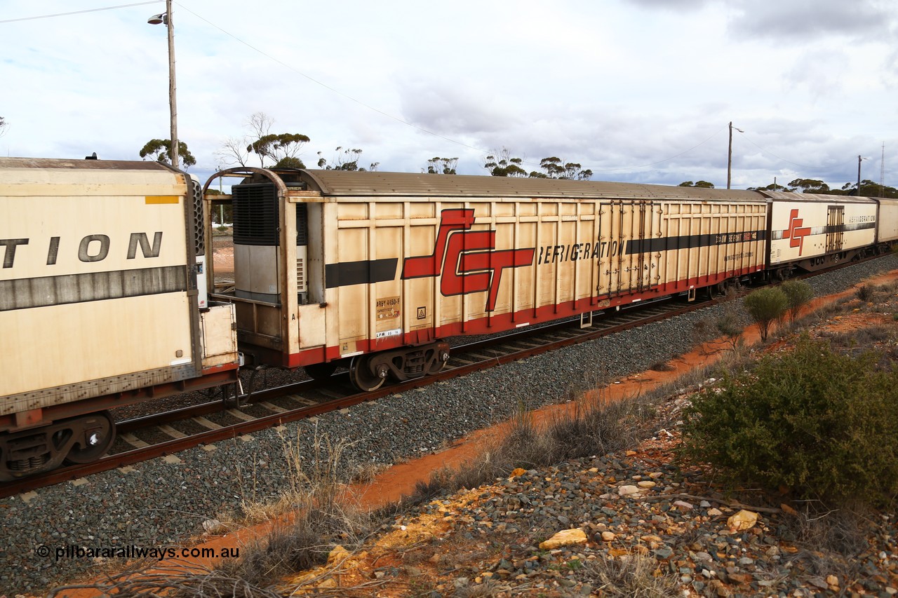 160526 5357
West Kalgoorlie, SCT train 3MP9 operating from Melbourne to Perth, ARBY type ARBY 4450 refrigerated van, originally built by Comeng WA in 1977 as a VFX type covered van for Commonwealth Railways, recoded to ABFX and converted from ABFY by Gemco WA in 2004/05 to ARBY.
Keywords: ARBY-type;ARBY4450;Comeng-WA;VFX-type;
