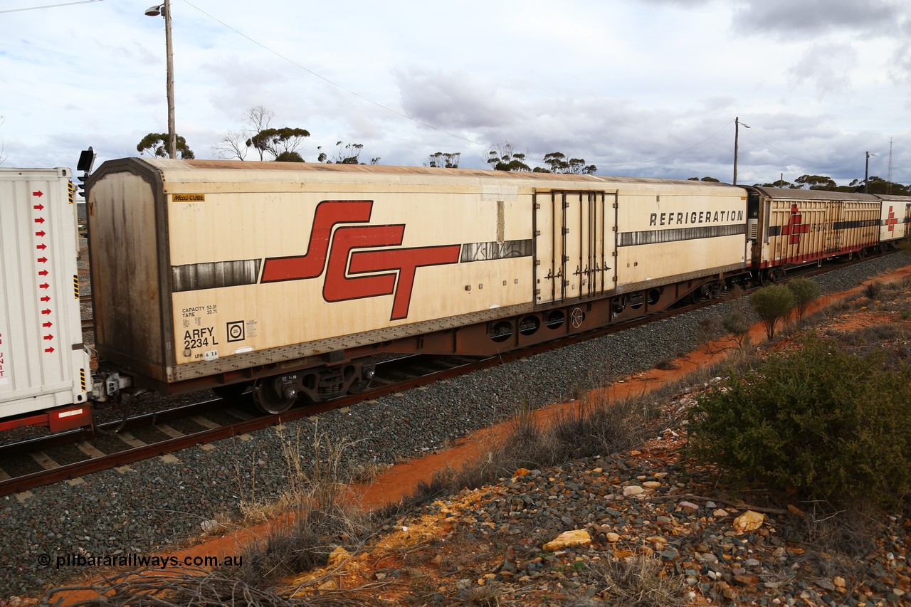 160526 5358
West Kalgoorlie, SCT train 3MP9 operating from Melbourne to Perth, ARFY type ARFY 2234 refrigerated van with a Ballarat built Maxi-CUBE fibreglass body that has been fitted to a Comeng Victoria 1971 built RO type flat waggon that was in service with Commonwealth Railways and recoded though ROX - RQX - AFQX - AQOY - RQOY codes before conversion.
Keywords: ARFY-type;ARFY2234;Maxi-Cube;Comeng-Vic;RO-type;AQOX-type;