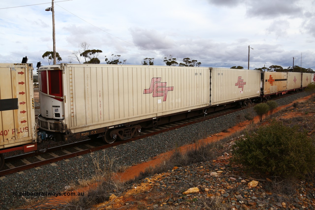 160526 5361
West Kalgoorlie, SCT train 3MP9 operating from Melbourne to Perth, originally built by Victorian Railways Newport Workshops in 1975 as one of twenty five FCF type 'Jumbo' Container Flat waggons built, PQDY 20 still in Freight Australia green livery loaded with two 40' SCT reefer units SCTR 120 and SCTR 102.
Keywords: PQDY-type;PQDY15;Victorian-Railways-Newport-WS;FCF-type;FCW-type;VQDW-type;