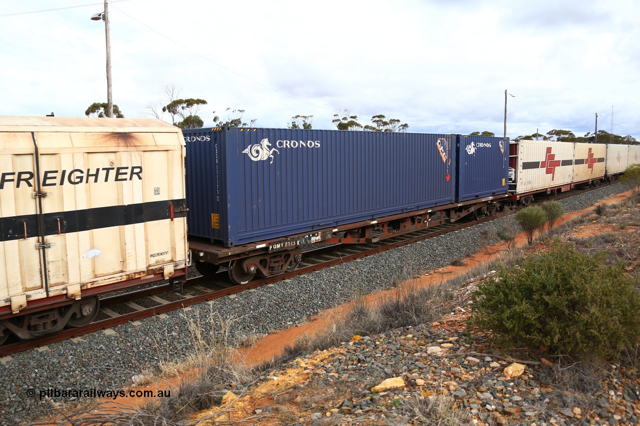 160526 5363
West Kalgoorlie, SCT train 3MP9 operating from Melbourne to Perth, PQMY type 60' 3TEU container flat waggon PQMY 2743 originally built by Perry Engineering SA in 1974 as an RMX type flat, recoded through AQMX - AQMY - RQMY types before SCT ownership, loaded with 40' 4EG1 Cronos box CSXU 111173 and a 20' 2EG1 Cronos box CSXU 115873.
Keywords: PQMY-type;PQMY2743;Perry-Engineering-SA;RMX-type;