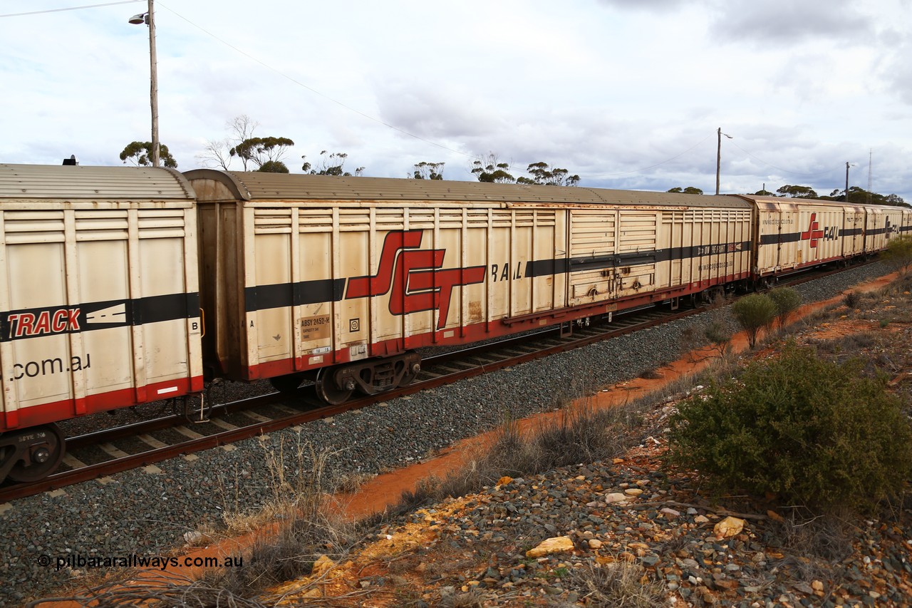 160526 5366
West Kalgoorlie, SCT train 3MP9 operating from Melbourne to Perth, ABSY type ABSY 2452 covered van, originally built by Mechanical Handling Ltd SA in 1972 for Commonwealth Railways as VFX type recoded to ABFX and then RBFX before being converted by Gemco WA to ABSY type in 2004/05.
Keywords: ABSY-type;ABSY2452;Mechanical-Handling-Ltd-SA;VFX-type;ABFY-type;