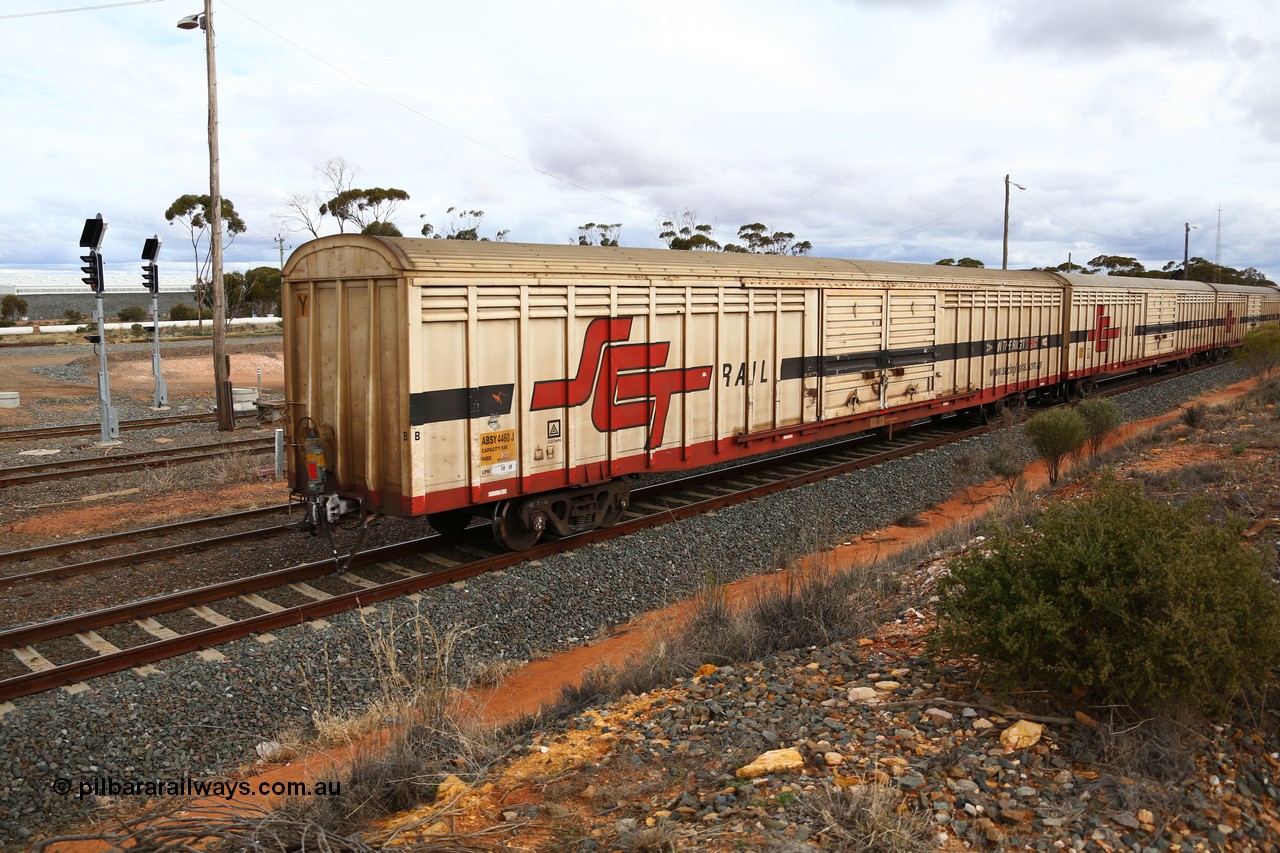 160526 5368
West Kalgoorlie, SCT train 3MP9 operating from Melbourne to Perth, ABSY type ABSY 4460 covered van, originally built by Comeng WA in 1977 for Commonwealth Railways as VFX type, recoded to ABFX and RBFX to SCT as ABFY before conversion by Gemco WA to ABSY in 2004/05.
Keywords: ABSY-type;ABSY4460;Comeng-WA;VFX-type;ABFX-type;RBFX-type;ABFY-type;