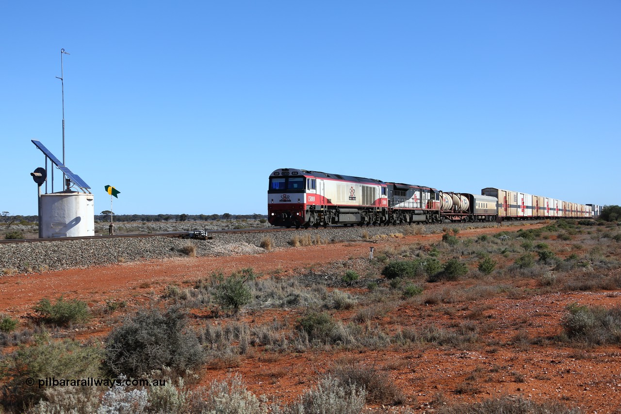 160527 5520
Blamey crossing loop at the 1692 km, SCT train 5PM9 operating from Perth to Melbourne speeds through behind CSR Ziyang Locomotive Co, China SDA1 model SCT CSR class locomotive CSR 010 'C Mobrici' and SCT 008 with 71 waggons for 4117.5 tonnes and 1752.5 metres.
Keywords: CSR-class;CSR-010;CSR-Ziyang-China;SDA1;