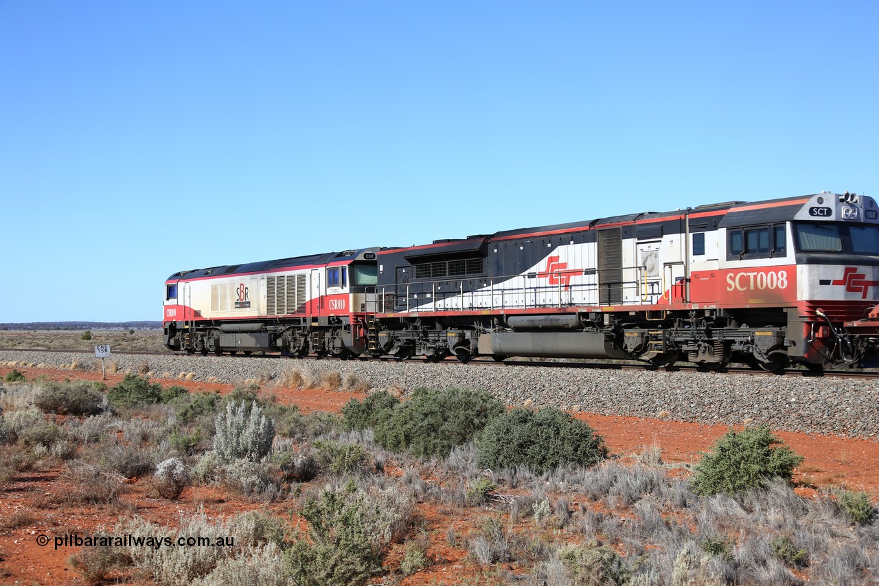160527 5524
Blamey crossing loop at the 1692 km, SCT train 5PM9 operating from Perth to Melbourne speeds through behind EDI Downer built EMD model GT46C-ACe unit SCT 008 serial 97-1732 as second unit behind SCT CSR class locomotive CSR 010 'C Mobrici' an CSR Ziyang Locomotive Co, China SDA1 model with 71 waggons for 4117.5 tonnes and 1752.5 metres.
Keywords: SCT-class;SCT008;EDI-Downer;EMD;GT46C-ACe;07-1732;