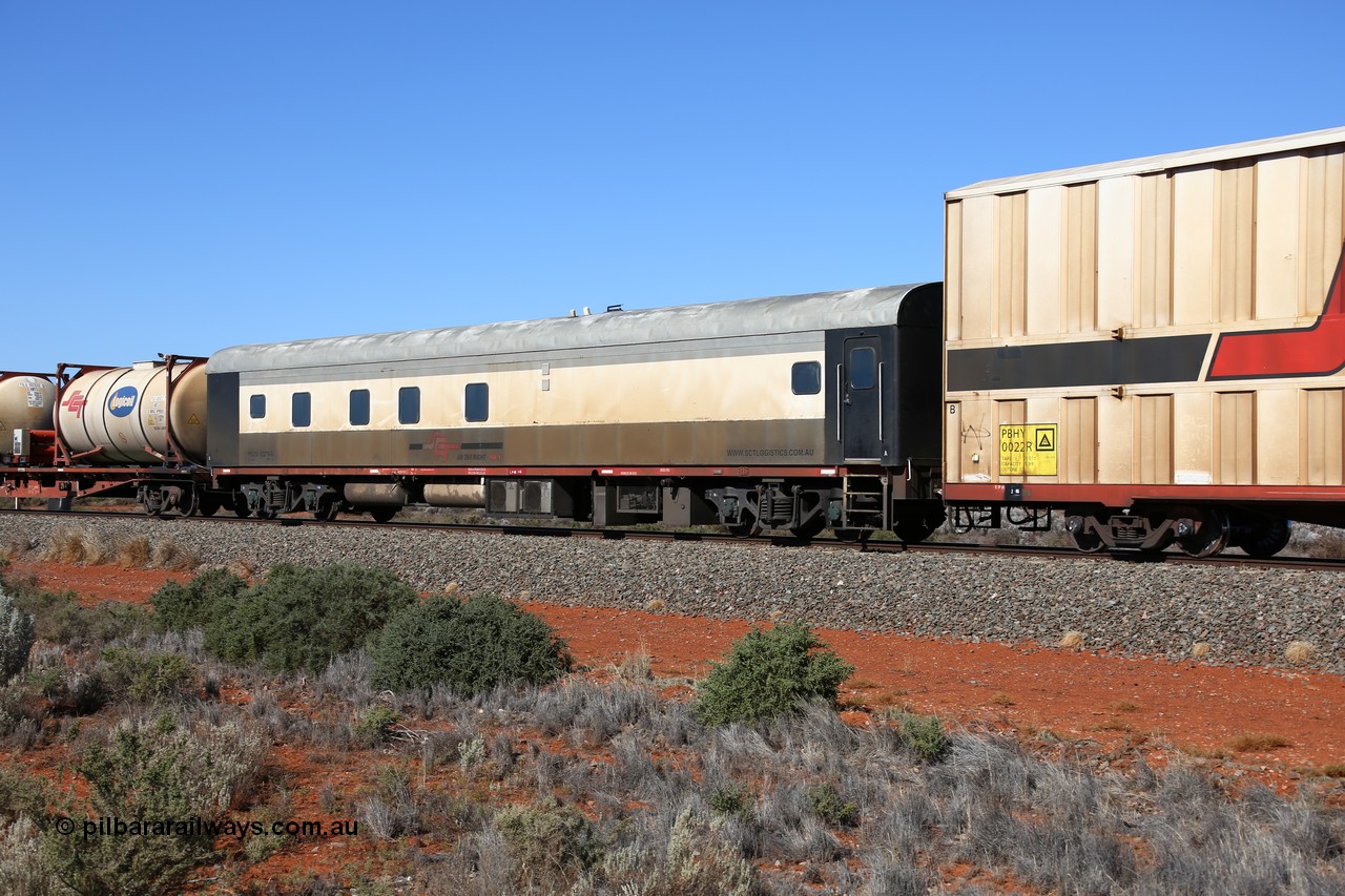 160527 5525
Blamey crossing loop at the 1692 km, SCT train 5PM9 operating from Perth to Melbourne, SCT crew accommodation coach PSDS class PSDS 02279 converted by Gemco WA in 2008 from former Comeng NSW built SDS class sitting car SDS 2280 for the NSWGR.
Keywords: PSDS-class;PSDS02279;Comeng-NSW;SDS-class;
