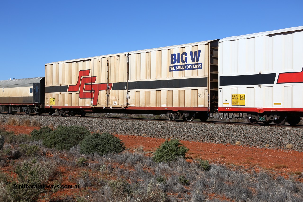 160527 5526
Blamey crossing loop at the 1692 km, SCT train 5PM9 operating from Perth to Melbourne, PBHY type covered van PBHY 0022 Greater Freighter, one of thirty five units built by Gemco WA in 2005 without the Greater Freighter signage but with Big W We Sell For Less logo.
Keywords: PBHY-type;PBHY0022;Gemco-WA;