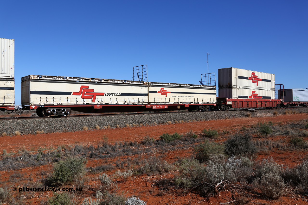 160527 5536
Blamey crossing loop at the 1692 km, SCT train 5PM9 operating from Perth to Melbourne, Gemco WA built forty of these PQIY type 80' container flat waggons in 2009, PQIY 0025 loaded with two SCT 40' half height curtainsiders SCT 1025 and SCT 1013 and two former Macfield 40' flatracks MGCU 660930 and MGCU 660###.
Keywords: PQIY-type;PQIY0025;Gemco-WA;