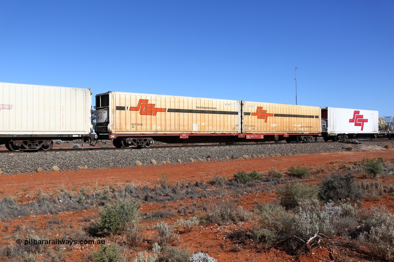 160527 5548
Blamey crossing loop at the 1692 km, SCT train 5PM9 operating from Perth to Melbourne, Gemco WA built forty of these PQIY type 80' container flat waggons in 2009, PQIY 0007 loaded with two SCT 40' reefer units SCTR 010 and SCTR 015.
Keywords: PQIY-type;PQIY0040;Gemco-WA;