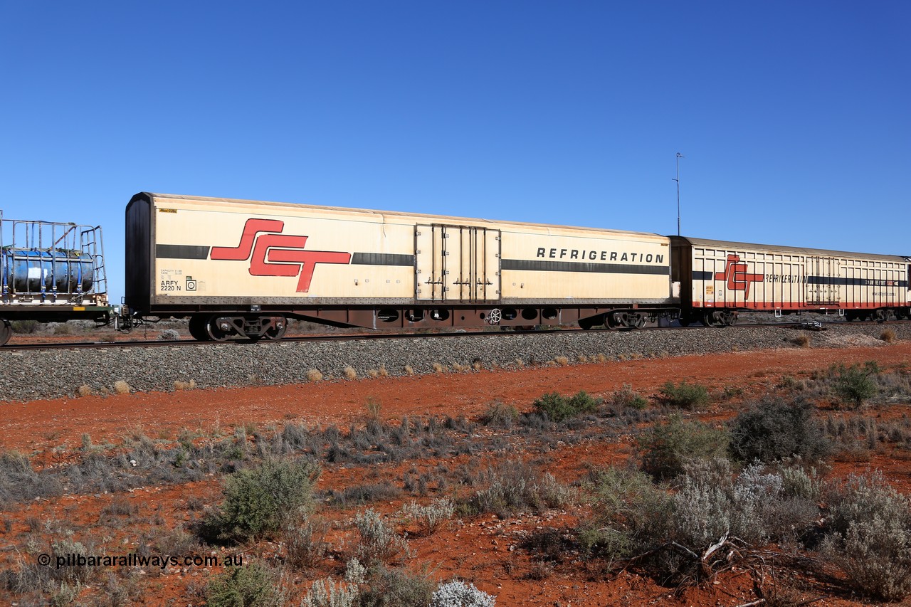 160527 5550
Blamey crossing loop at the 1692 km, SCT train 5PM9 operating from Perth to Melbourne, ARFY type ARFY 2220 refrigerated van with a Ballarat built Maxi-CUBE fibreglass body that has been fitted to a Comeng Victoria 1971 built RO type flat waggon that was in service with Commonwealth Railways and recoded though ROX - AQOX - RQOY codes before conversion.
Keywords: ARFY-type;ARFY2220;Maxi-Cube;Comeng-Vic;RO-type;AQOX-type;