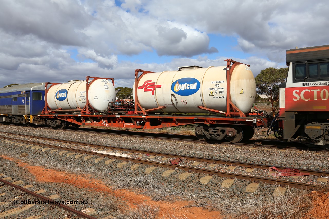 160529 8873
Parkeston, SCT train 6MP9 operating from Melbourne to Perth, SCT inline refuelling waggon PQFY type PQFY 4209 originally built by Carmor Engineering SA in 1976 for Commonwealth Railways as RMX type container waggon, with SCT - Logicoil AMT5 type tank-tainers TILU 102033 and TILU 102023.
Keywords: PQFY-type;PQFY4209;Carmor-Engineering-SA;RMX-type;