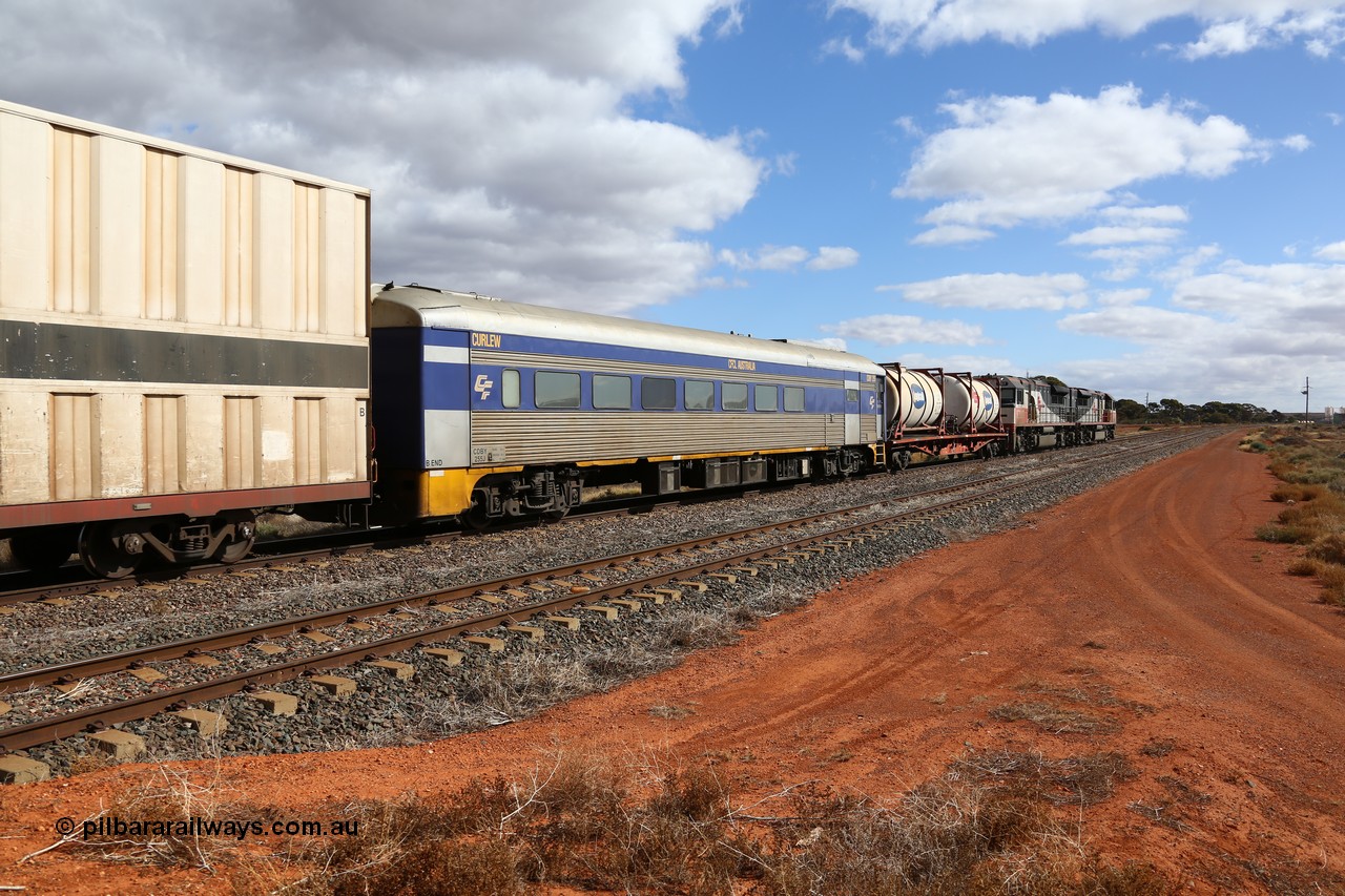 160529 8875
Parkeston, SCT train 6MP9 operating from Melbourne to Perth, CFCLA leased crew accommodation coach CDBY type CDBY 255 'Curlew', originally built by SAR Islington Workshops in 1956 as a Bluebird railcar 'Curlew', later numbered 802 in National Rail service, then to CDBY 255 when converted to crew coach in 2007 behind SCT class units SCT 010 and SCT 007 with inline refuelling waggon PQFY 4209.
Keywords: CDBY-type;CDBY255;SAR-Islington-WS;Bluebird;250-type;