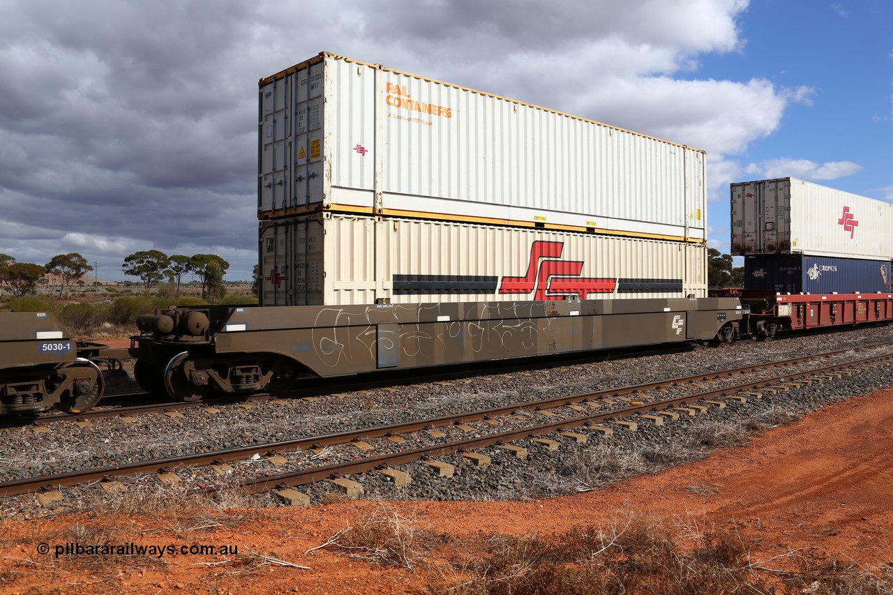 160529 8894
Parkeston, SCT train 6MP9 operating from Melbourne to Perth, CFCLA lease CQWY type well waggon set CQWY 5030-2 with two 48' MFG1 boxes SCT box SCTDS 4822 and Rail Containers box SCTU 411223 with SCT decals. The CQWY was built by Bluebird Rail Operations in South Australia in 2008 as a batch of sixty pairs.
Keywords: CQWY-type;CQWY5030;CFCLA;Bluebird-Rail-Operations-SA;