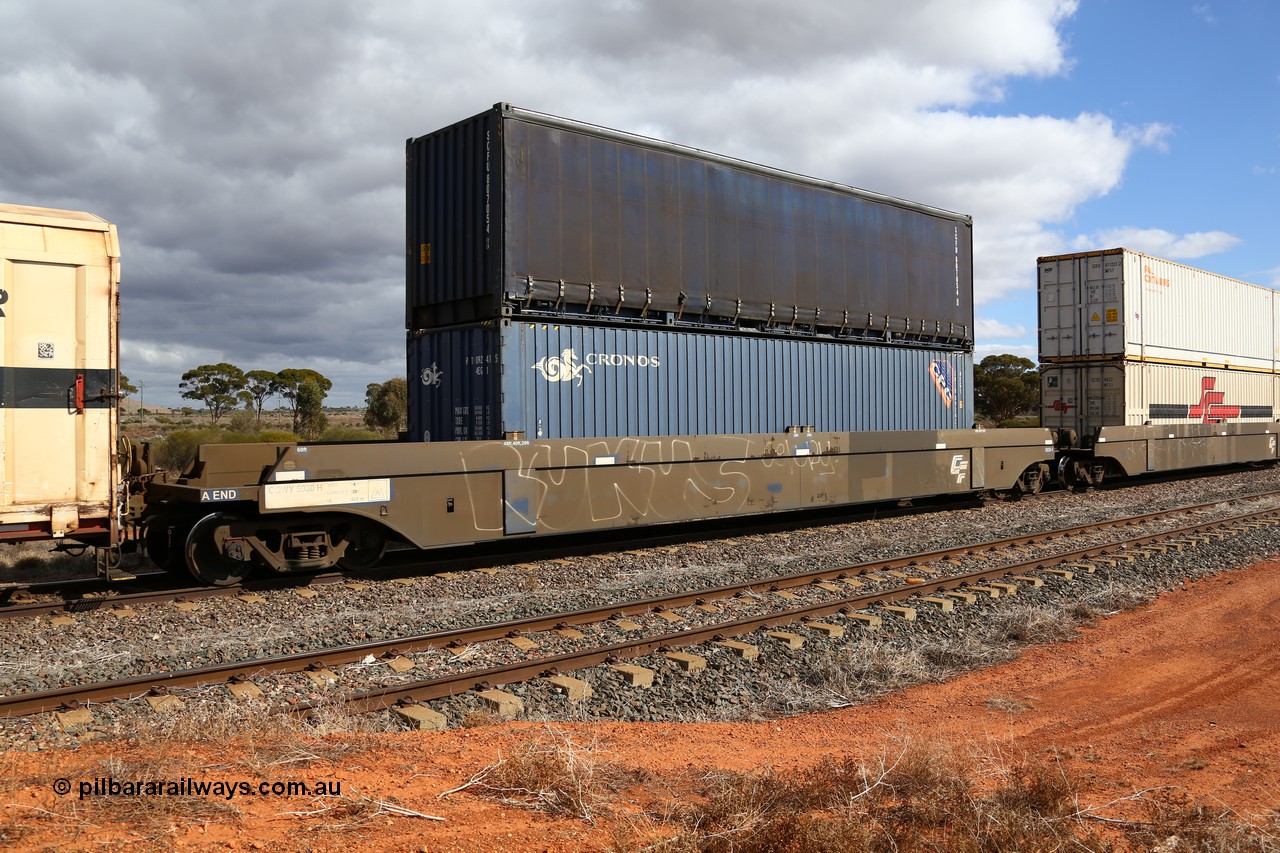 160529 8895
Parkeston, SCT train 6MP9 operating from Melbourne to Perth, CFCLA lease CQWY type well waggon set CQWY 5030-1 with a 40' 4EG1 type Cronos box CRTU 092421 and an SCF 40' curtainsider SCFU 807054. The CQWY was built by Bluebird Rail Operations in South Australia in 2008 as a batch of sixty pairs.
Keywords: CQWY-type;CQWY5030;CFCLA;Bluebird-Rail-Operations-SA;