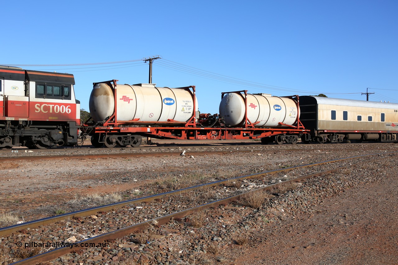 160530 9090
Parkeston, SCT train 1PM9 operates mostly empty from Perth to Melbourne, SCT inline refuelling waggon PQFY type PQFY 3047 originally built by Carmor Engineering SA in 1975 for Commonwealth Railways as RMX type container waggon, also carried these codes AQMX - AQSY - RQKY before SCT ownership, loaded with SCT - Logicoil AMT5 type tank-tainers TILU 102030 and TILU 102026.
Keywords: PQFY-type;PQFY3047;Carmor-Engineering-SA;RMX-type;