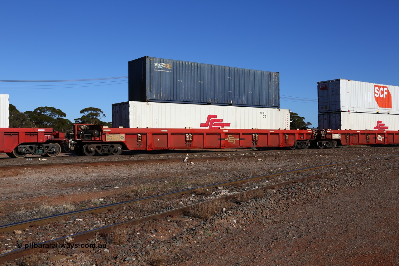 160530 9109
Parkeston, SCT train 1PM9 operates mostly empty from Perth to Melbourne, PWWY type PWWY 0028 one of forty well waggons built by Bradken NSW for SCT, loaded with a 48' SCT reefer SCTR 213 and a 40' 4EG1 type Sea2rail box SCFU 407125.
Keywords: PWWY-type;PWWY0028;Bradken-NSW;