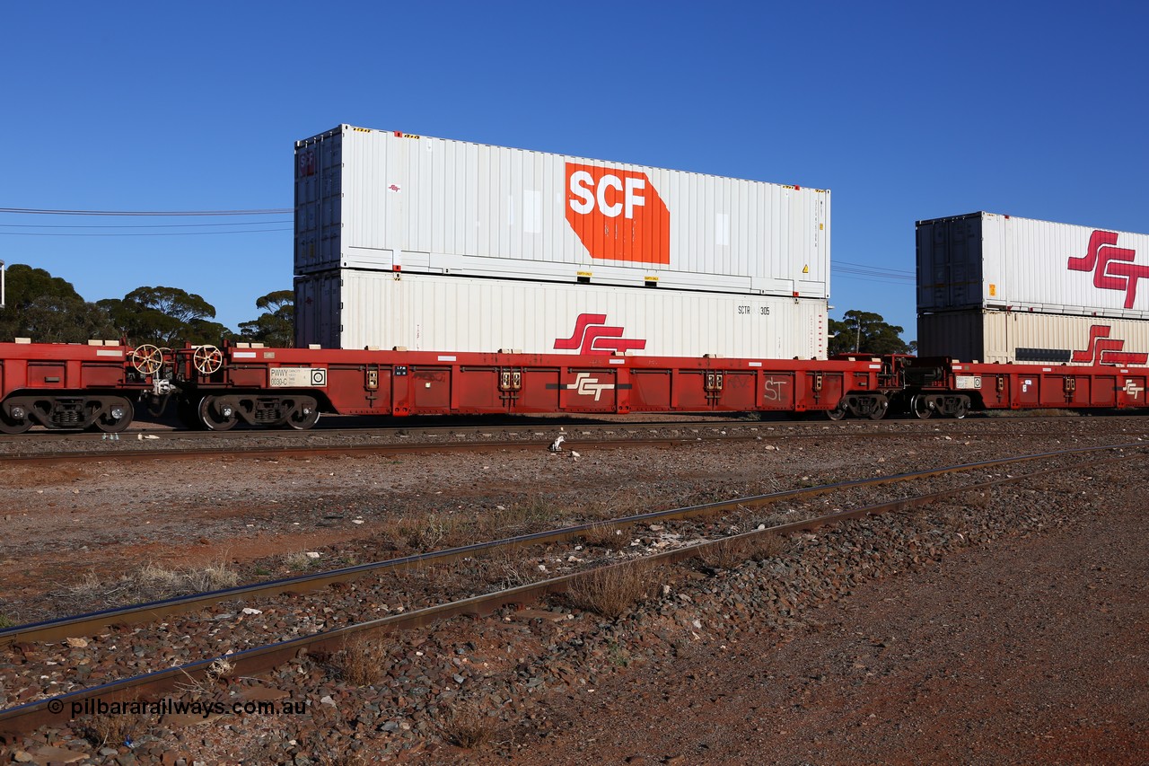 160530 9110
Parkeston, SCT train 1PM9 operates mostly empty from Perth to Melbourne, PWWY type PWWY 0030 one of forty well waggons built by Bradken NSW for SCT, loaded with a 48' SCT reefer SCTR 305 and a 48' MFG1 type SCF box SCFU 415196 with SCT decals.
Keywords: PWWY-type;PWWY0030;Bradken-NSW;