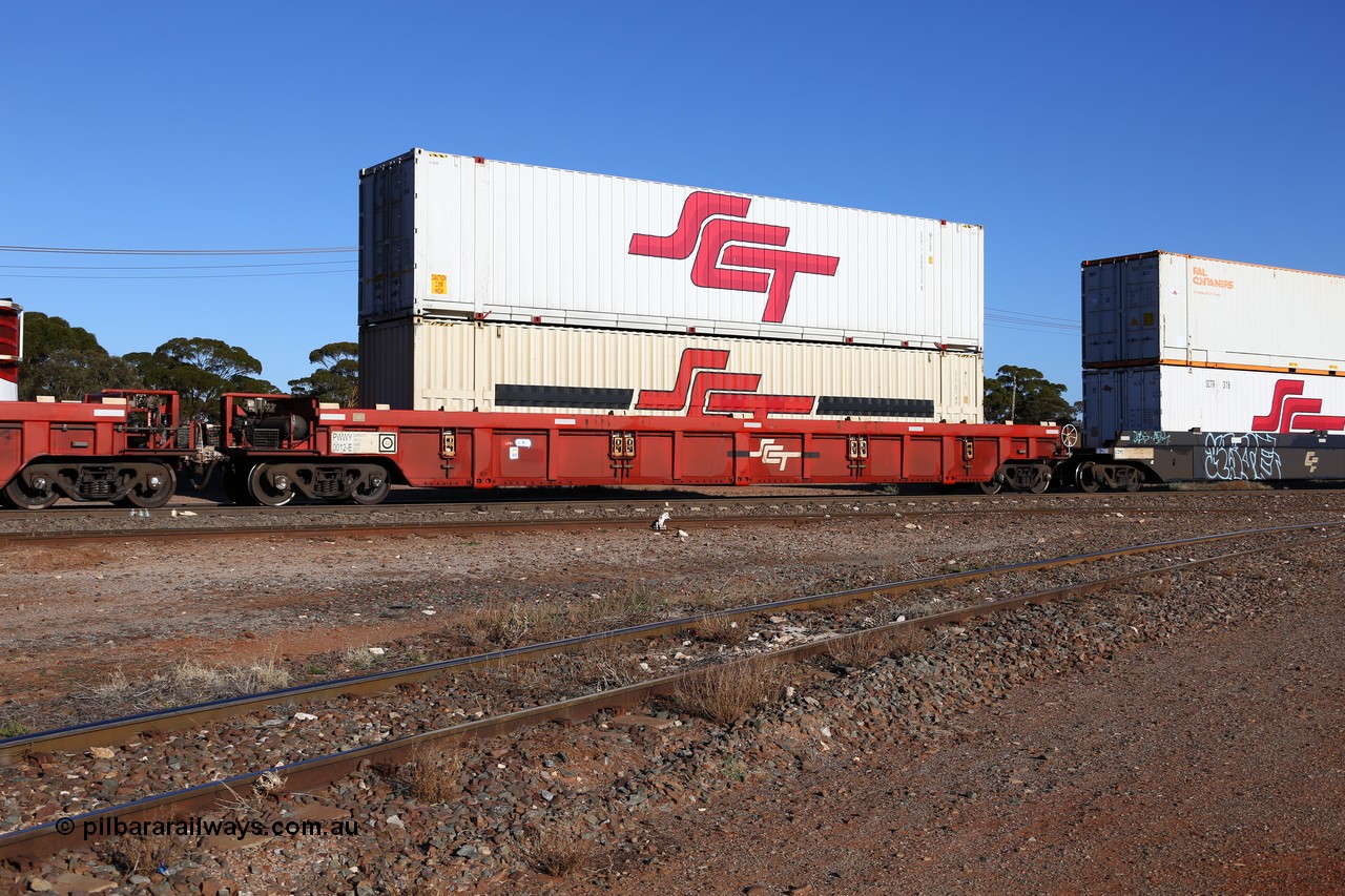 160530 9111
Parkeston, SCT train 1PM9 operates mostly empty from Perth to Melbourne, PWWY type PWWY 0012 one of forty well waggons built by Bradken NSW for SCT, loaded with two 48' SCT boxes an MFG1 type SCTDS 4815 and an MFGB type SCTL 004335.
Keywords: PWWY-type;PWWY0012;Bradken-NSW;