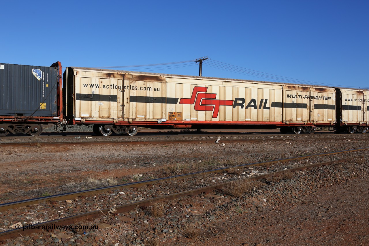 160530 9119
Parkeston, SCT train 1PM9 operates mostly empty from Perth to Melbourne, PBGY type covered van PBGY 0075 Multi-Freighter, one of eighty two waggons built by Queensland Rail Redbank Workshops in 2005.
Keywords: PBGY-type;PBGY0075;Qld-Rail-Redbank-WS;