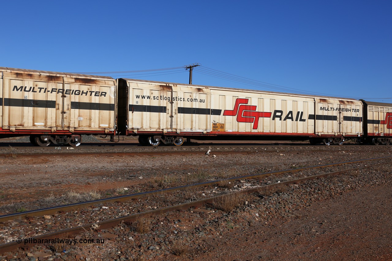 160530 9120
Parkeston, SCT train 1PM9 operates mostly empty from Perth to Melbourne, PBGY type covered van PBGY 0055 Multi-Freighter, one of eighty two waggons built by Queensland Rail Redbank Workshops in 2005.
Keywords: PBGY-type;PBGY0055;Qld-Rail-Redbank-WS;