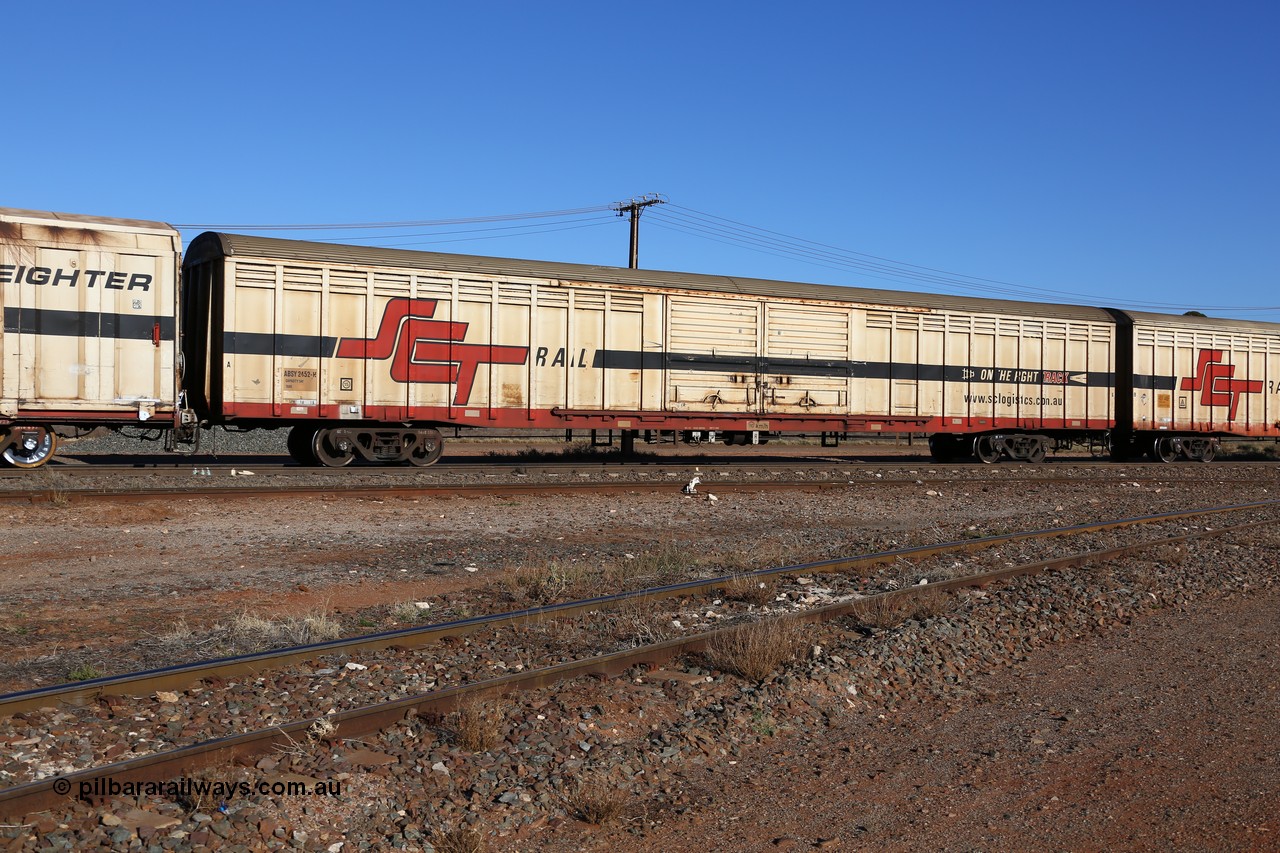 160530 9121
Parkeston, SCT train 1PM9 operates mostly empty from Perth to Melbourne, ABSY type ABSY 2452 covered van, originally built by Mechanical Handling Ltd SA in 1972 for Commonwealth Railways as VFX type recoded to ABFX and then RBFX before being converted by Gemco WA to ABSY type in 2004/05.
Keywords: ABSY-type;ABSY2452;Mechanical-Handling-Ltd-SA;VFX-type;ABFY-type;