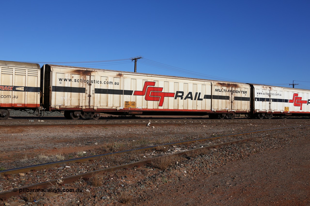160530 9124
Parkeston, SCT train 1PM9 operates mostly empty from Perth to Melbourne, PBGY type covered van PBGY 0012 Multi-Freighter, one of eighty two waggons built by Queensland Rail Redbank Workshops in 2005.
Keywords: PBGY-type;PBGY0012;Qld-Rail-Redbank-WS;