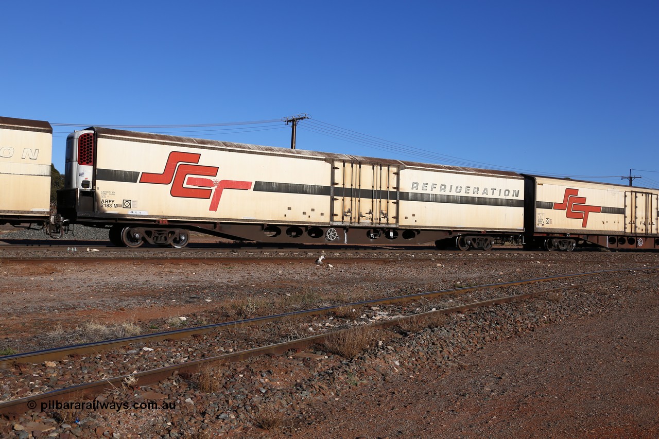 160530 9127
Parkeston, SCT train 1PM9 operates mostly empty from Perth to Melbourne, ARFY type ARFY 2183 refrigerated van with a New Zealand built Fairfax body mounted on an original Commonwealth Railways ROX container waggon built by Comeng Quds in 1970, recoded to RQX, AFQX, AQOX and RQOY before being fitted with the refrigerated body for SCT service circa 1998.
Keywords: ARFY-type;ARFY2183;Fairfax-NZL;Comeng-Qld;ROX-type;AQOX-type;