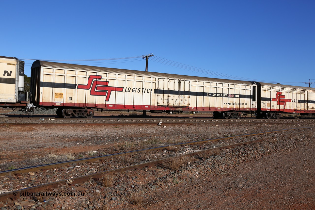 160530 9129
Parkeston, SCT train 1PM9 operates mostly empty from Perth to Melbourne, ARBY type ARBY 2465 refrigerated van, originally built by Mechanical Handling Ltd SA in 1971 as a VFX type covered van for Commonwealth Railways, recoded to ABFX and converted from ABFY by Gemco WA in 2004/05 to ARBY.
Keywords: ARBY-type;ARBY2465;Mechanical-Handling-Ltd-SA;VFX-type;