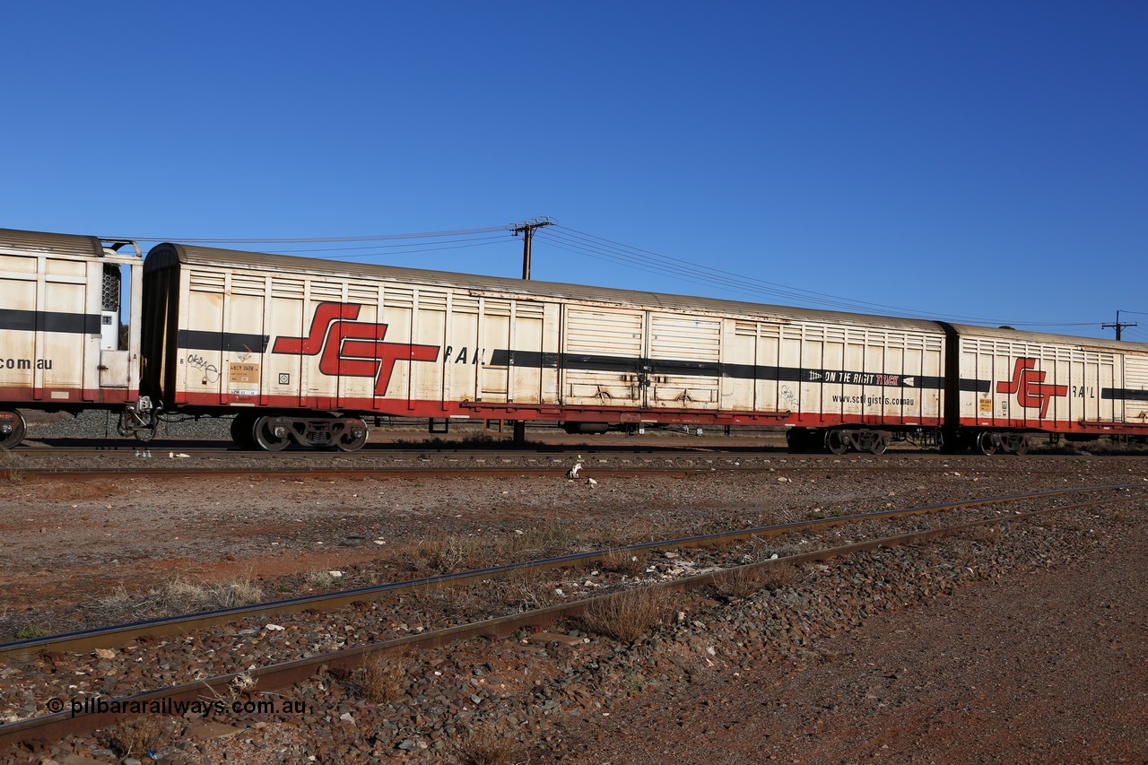 160530 9130
Parkeston, SCT train 1PM9 operates mostly empty from Perth to Melbourne, ABSY type ABSY 2478 covered van, originally built by Mechanical Handling Ltd SA in 1972 for Commonwealth Railways as VFX type recoded to ABFX and then RBFX before being converted by Gemco WA to ABSY type in 2004/05.
Keywords: ABSY-type;ABSY2478;Mechanical-Handling-Ltd-SA;VFX-type;ABFY-type;