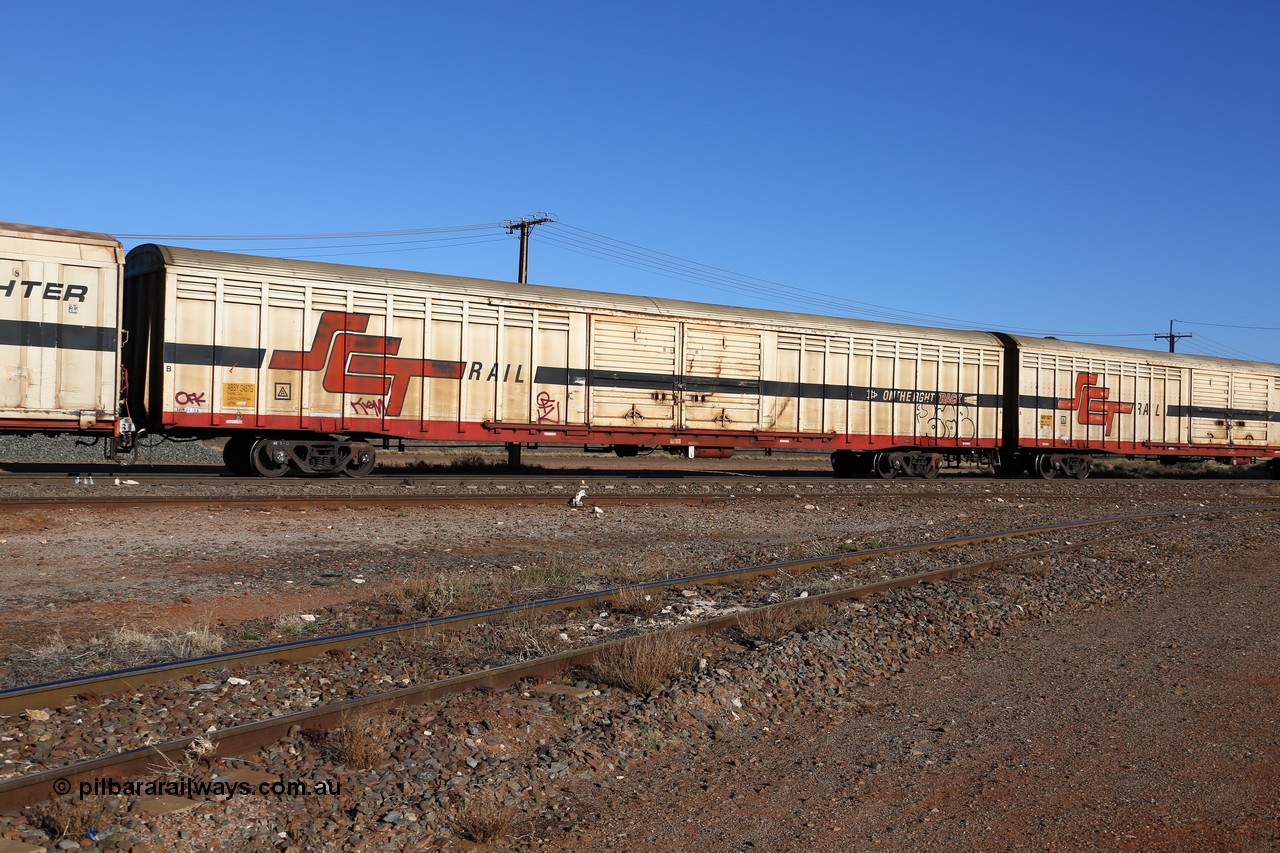 160530 9133
Parkeston, SCT train 1PM9 operates mostly empty from Perth to Melbourne, ABSY type ABSY 2457 covered van, originally built by Mechanical Handling Ltd SA in 1971 for Commonwealth Railways as VFX type recoded to ABFX and then RBFX before being converted from ABFY by Gemco WA to ABSY type in 2004/05.
Keywords: ABSY-type;ABSY2457;Mechanical-Handling-Ltd-SA;VFX-type;ABFY-type;
