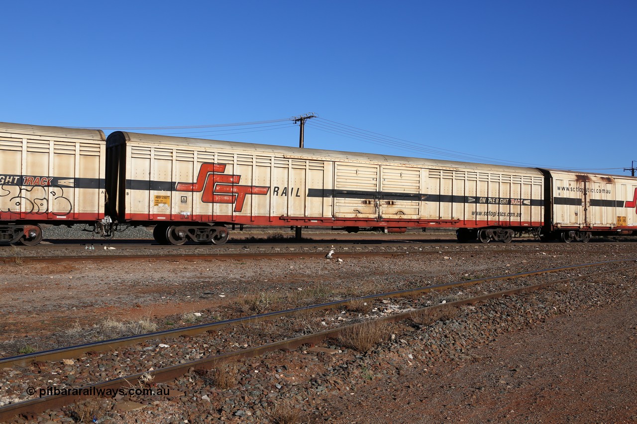 160530 9134
Parkeston, SCT train 1PM9 operates mostly empty from Perth to Melbourne, ABSY type ABSY 2507 covered van, originally built by Mechanical Handling Ltd SA in 1972 for Commonwealth Railways as VFX type recoded to ABFX and then RBFX before being converted from ABFY by Gemco WA to ABSY type in 2004/05.
Keywords: ABSY-type;ABSY2507;Mechanical-Handling-Ltd-SA;VFX-type;ABFY-type;